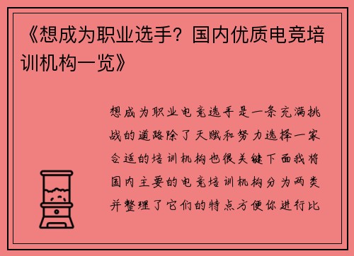 《想成为职业选手？国内优质电竞培训机构一览》